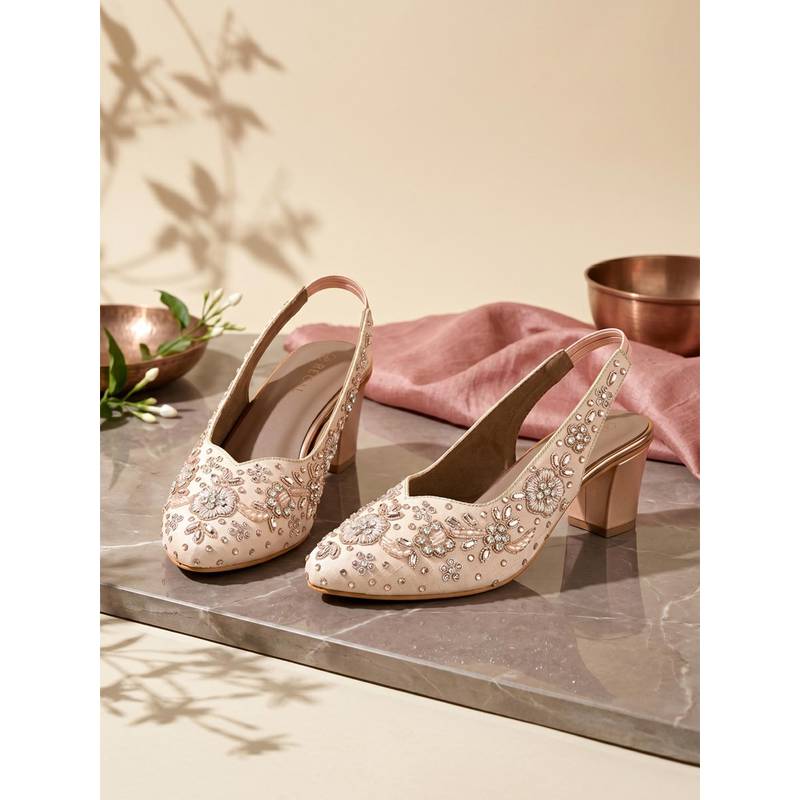 ROCIA By Regal Rose Gold Women Heavy Embroidered Block Heel Sling Back Sandals (EURO 36)