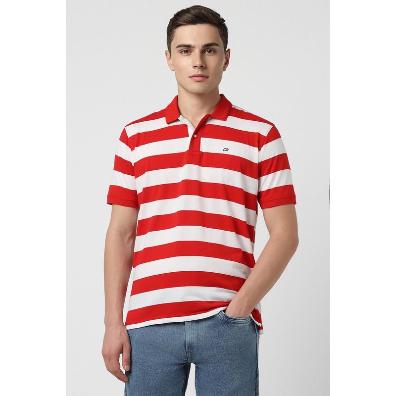 Peter England Men Red Stripes Collar Neck Polo T-Shirt (M)