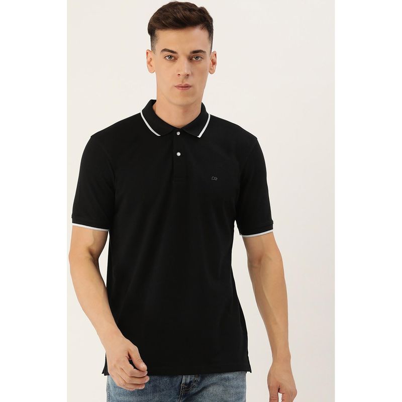 Peter England Men Black Solid Collar Neck Polo T-Shirt (S)