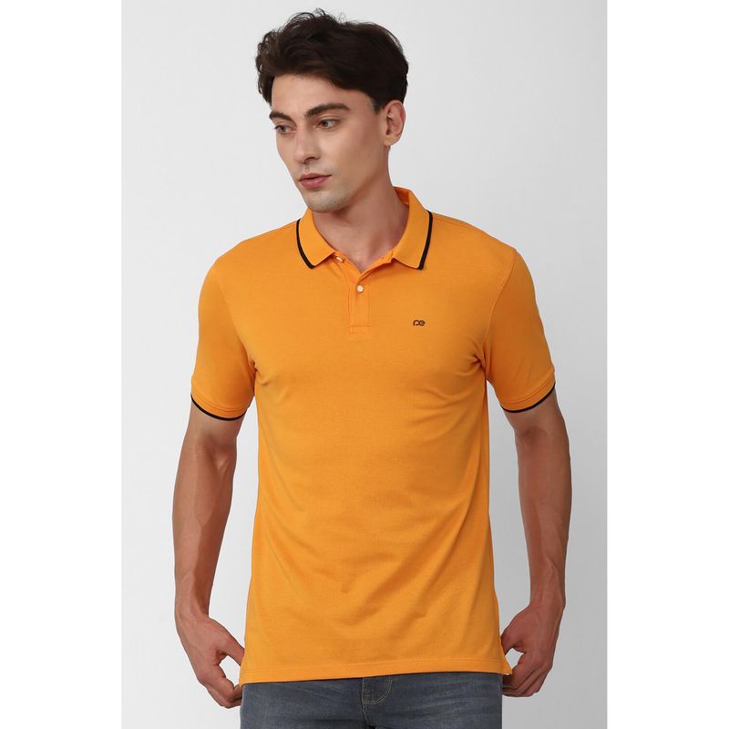 Peter England Men Orange Solid Collar Neck Polo T-Shirt (M)