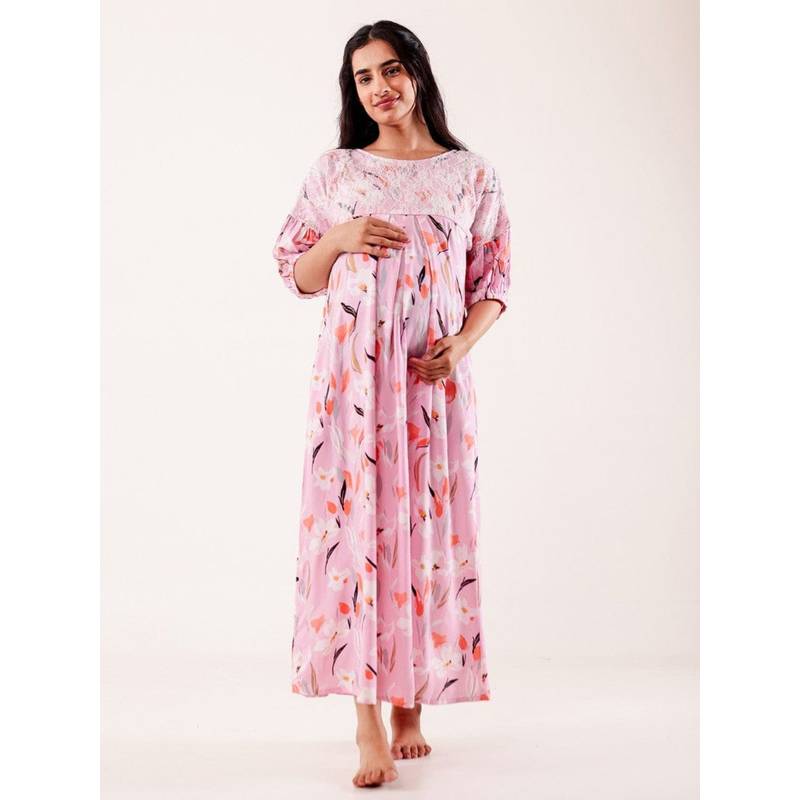 The Kaftan Company Pink Floral Printed Maternity Nightgown With Feeding Zipper And Pockets (S)