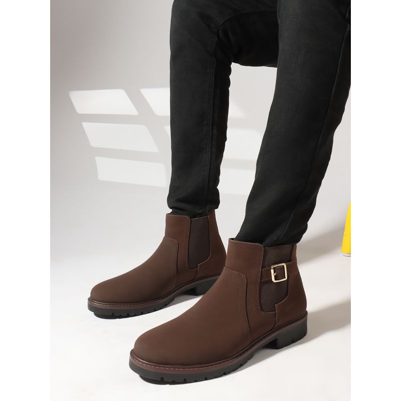 Carlton London Solid Brown Buckle Round Toe Men Chelsea Boots (EURO 41)