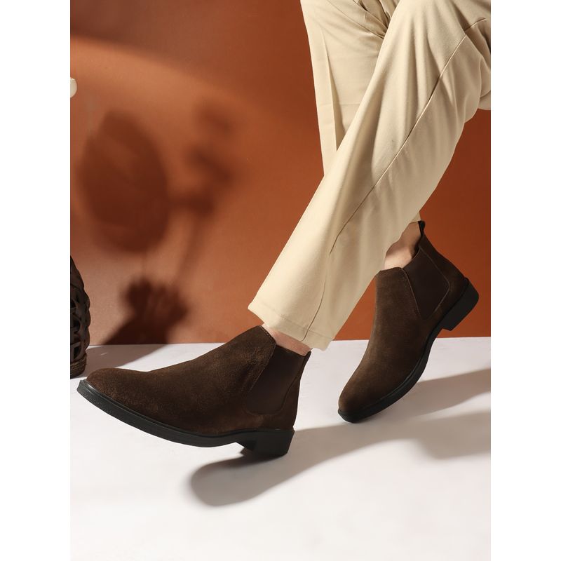 Carlton London Solid Brown Slip-On Round Toe Men Chelsea Leather Boots (EURO 44)