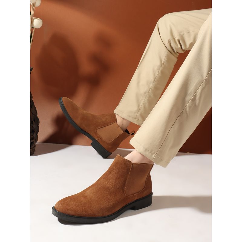 Carlton London Solid Tan Slip-On Round Toe Men Chelsea Leather Boots (EURO 41)