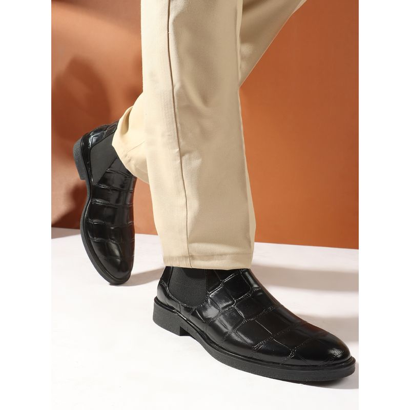 Carlton London Textured Black Slip-On Round Toe Men Chelsea Boots (EURO 41)
