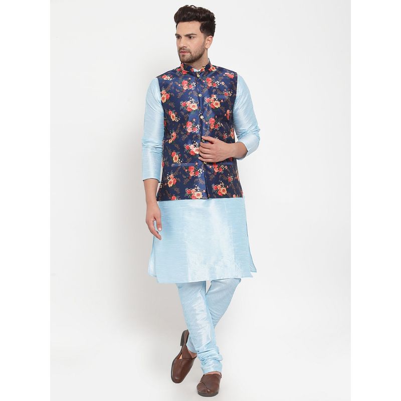Kraft India Men Dupion Silk Turquoise Blue Kurta with Churidar Printed Nehru Jacket (Set of 3) (36)