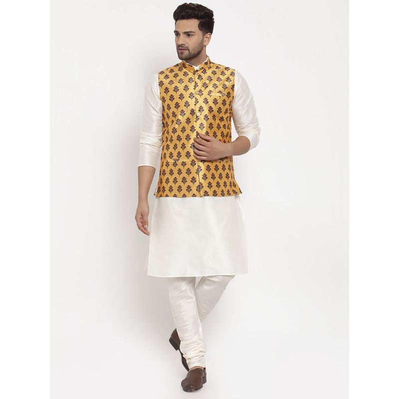 Kraft India Men Dupion Silk Cream Kurta with Churidar & Yellow Printed Nehru Jacket (Set of 3) (38)