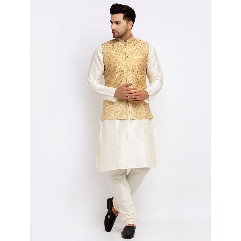 Kraft India Men Dupion Silk Cream Kurta with Churidar Beige Embroidered Nehru Jacket (Set of 3) (36)