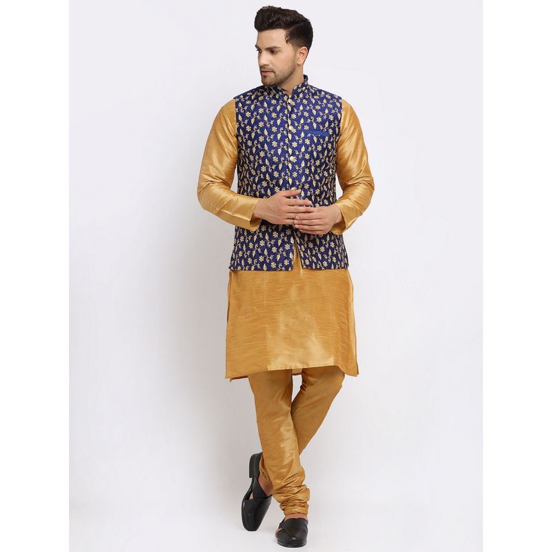 Kraft India Dupion Silk Brown Kurta with Churidar Navy Blue Embroidered Nehru Jacket (Set of 3) (36)