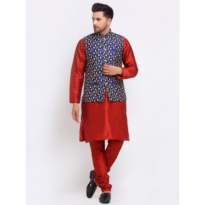 Kraft India Dupion Silk Red Kurta Churidar Navy Blue Embroidered Nehru Jacket (Set of 3) (36)