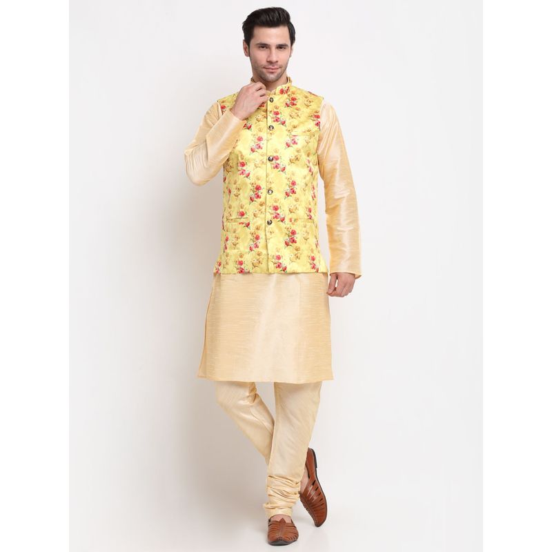 Kraft India Men Dupion Silk Beige Kurta with Churidar & Yellow Printed Nehru Jacket (Set of 3) (36)