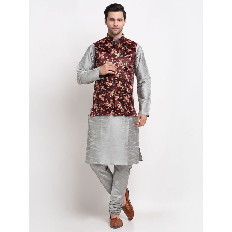 Kraft India Men Dupion Silk Grey Kurta with Churidar & Maroon Printed Nehru Jacket (Set of 3) (36)