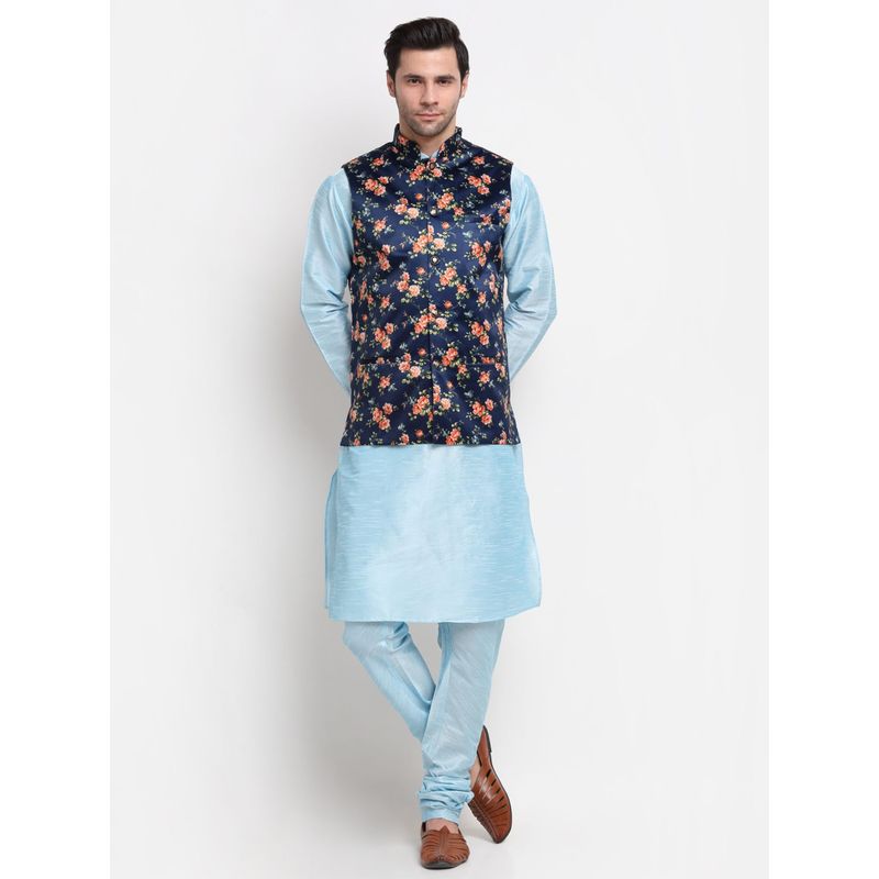 Kraft India Men Dupion Silk Turquoise Blue Kurta with Churidar Printed Nehru Jacket (Set of 3) (36)