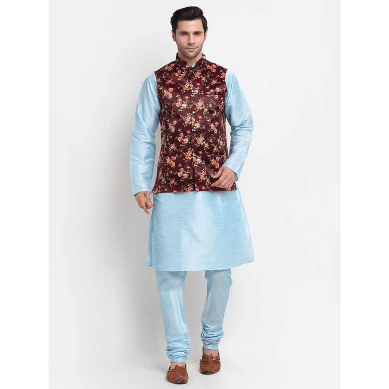 Kraft India Dupion Silk Turquoise Blue Kurta Churidar Maroon Printed Nehru Jacket (Set of 3) (36)