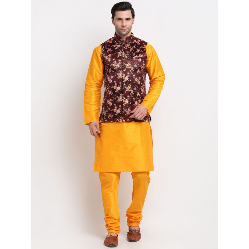 Kraft India Men Dupion Silk Mustard Kurta with Churidar Maroon Printed Nehru Jacket (Set of 3) (36)