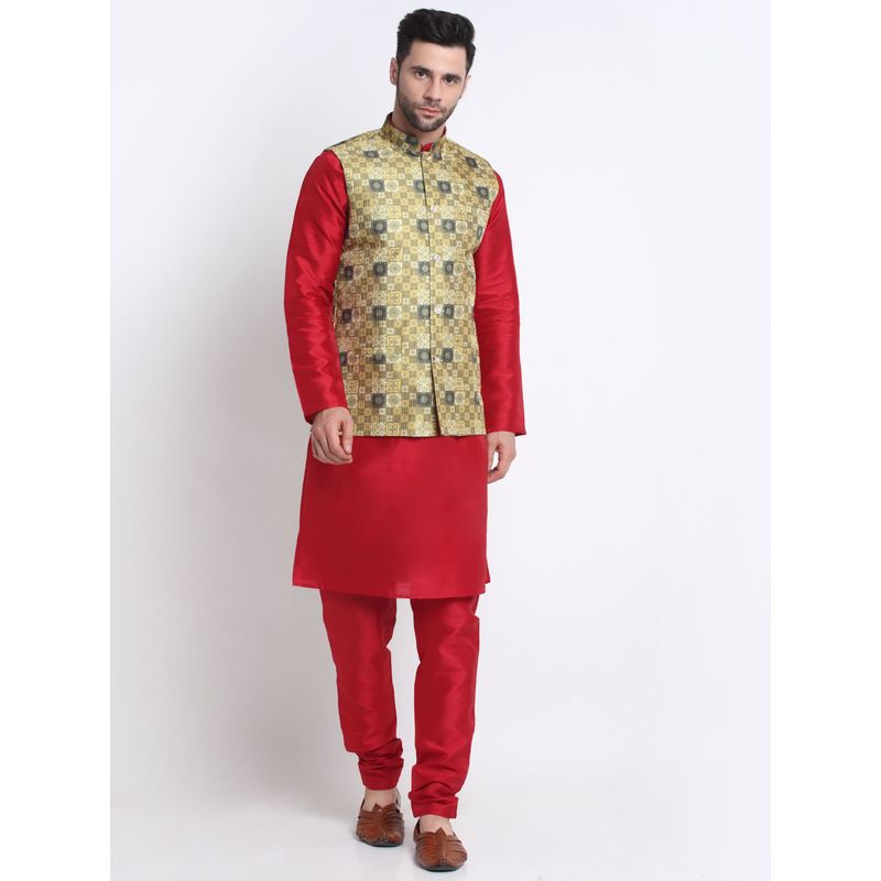 Kraft India Men Silk Blend Red Kurta & Churidar with Yellow Printed Nehru Jacket (Set of 3) (42)