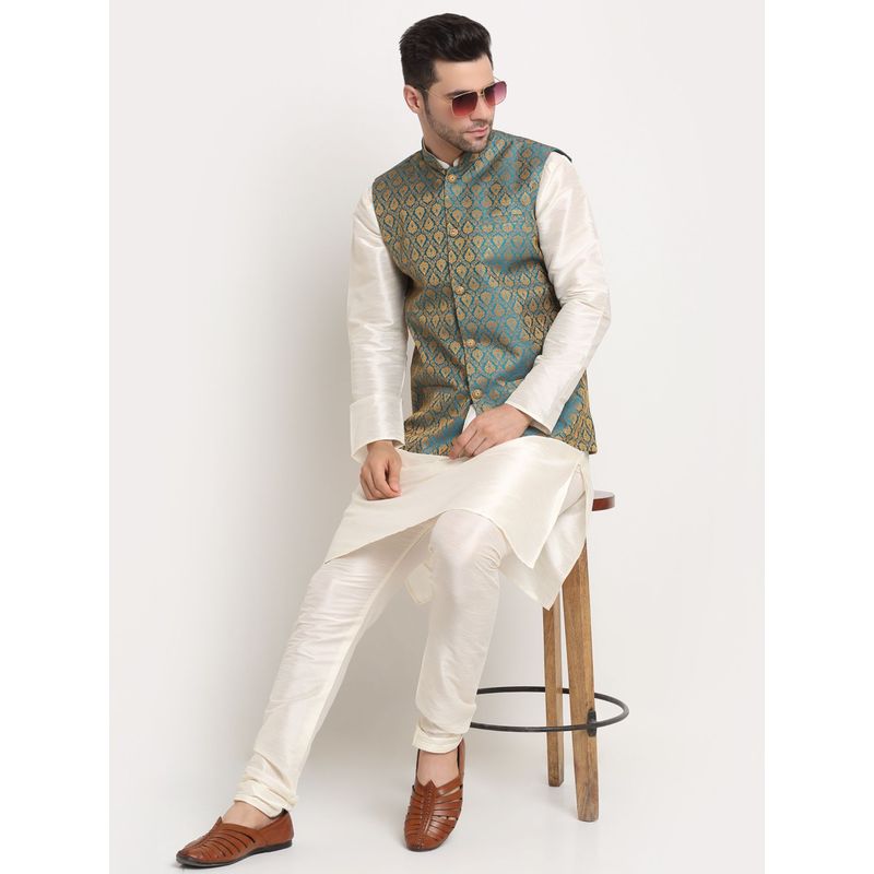 Kraft India Men Silk Blend Cream Kurta & Churidar with Blue Jacquard Nehru Jacket (Set of 3) (42)