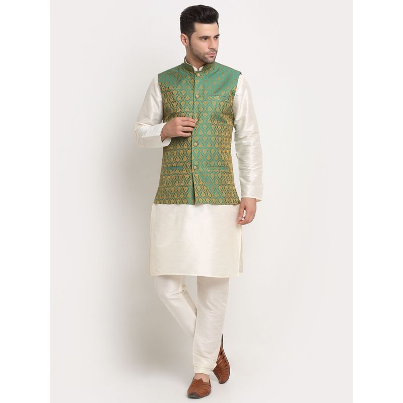 Kraft India Men Silk Blend Cream Kurta & Churidar with Green Jacquard Nehru Jacket (Set of 3) (42)