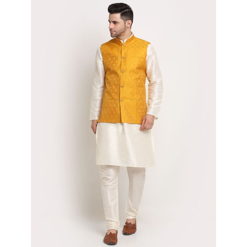 Kraft India Men Cream Kurta & Churidar with Yellow Jacquard Nehru Jacket (Set of 3) (42)
