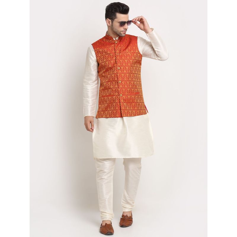 Kraft India Men Cream Kurta & Churidar with Red Jacquard Nehru Jacket (Set of 3) (44)
