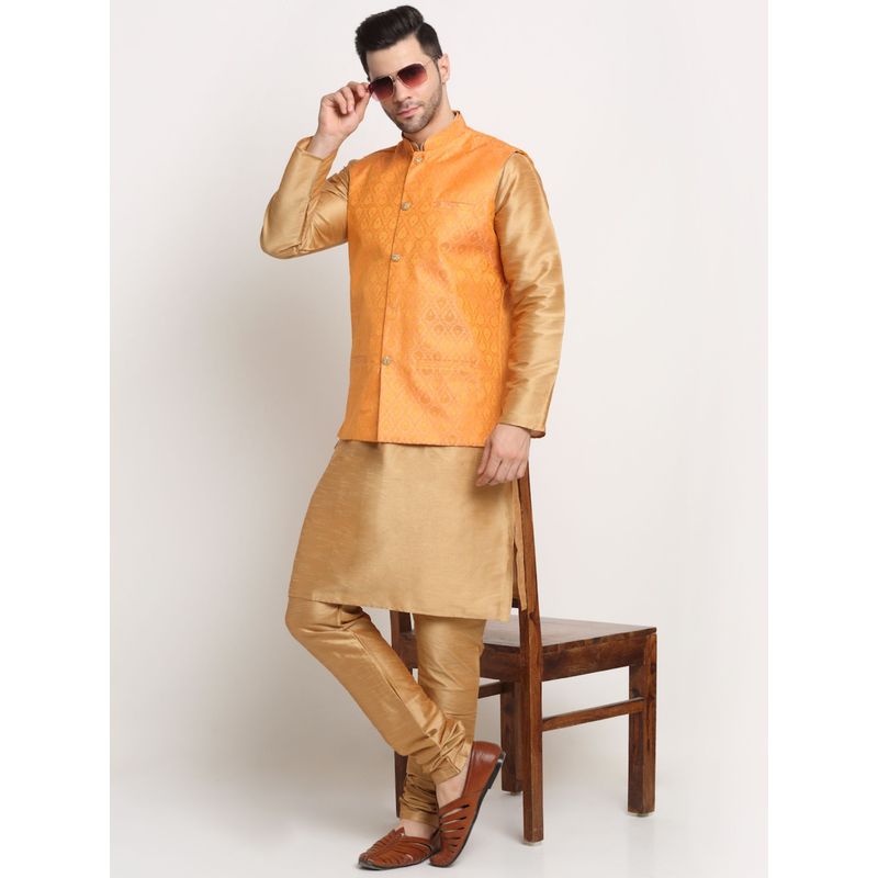 Kraft India Men Silk Blend Kurta & Churidar with Orange Jacquard Nehru Jacket (Set of 3) (36)