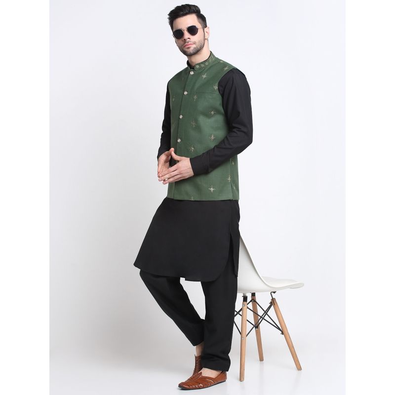 Kraft India Cotton Black Pathani Kurta Salwar with Green Embroidered Nehru Jacket (Set of 3) (40)