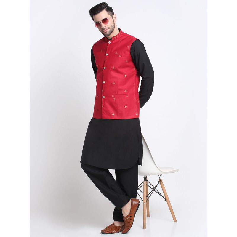 Kraft India Men Cotton Black Pathani Kurta Salwar with Red Embroidered Nehru Jacket (Set of 3) (42)