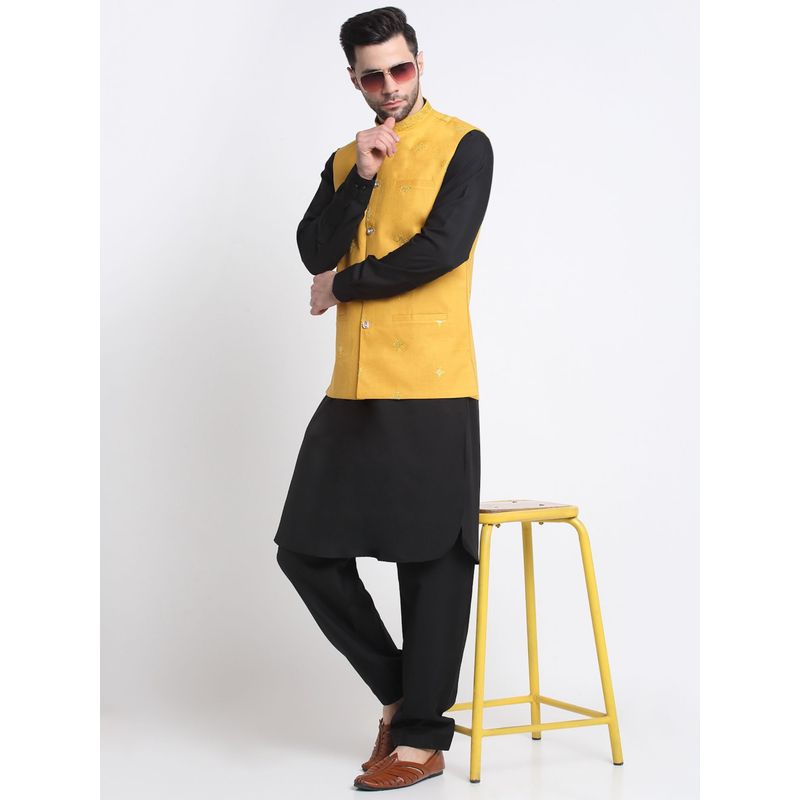 Kraft India Cotton Black Pathani Kurta Salwar with Yellow Embroidered Nehru Jacket (Set of 3) (36)