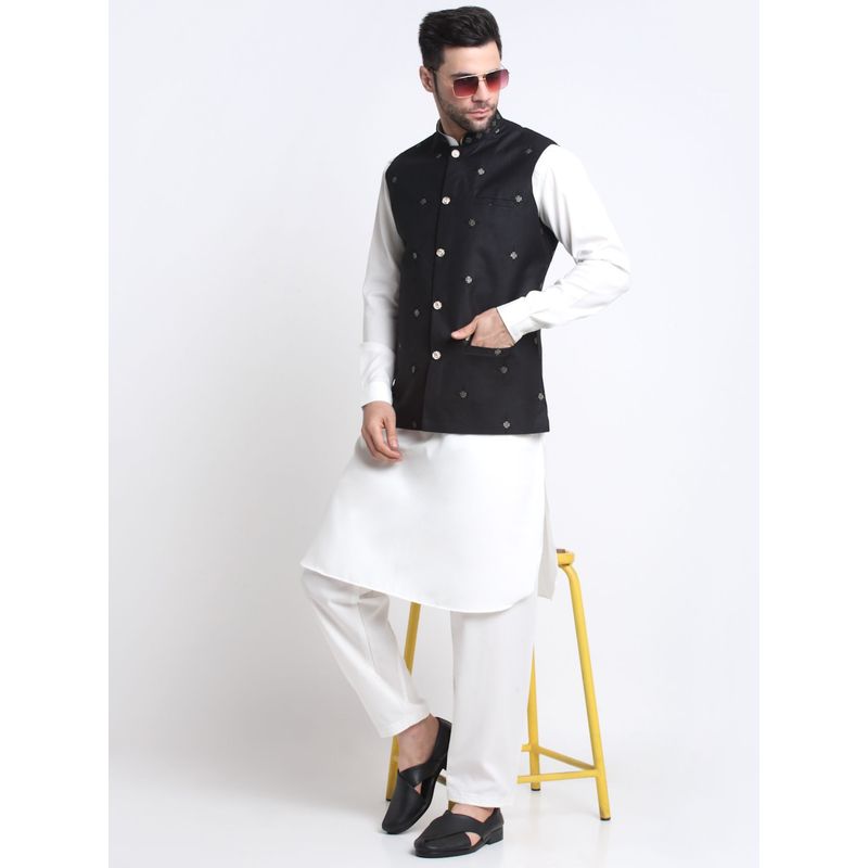 Kraft India Cotton White Pathani Kurta Salwar with Black Embroidered Nehru Jacket (Set of 3) (36)