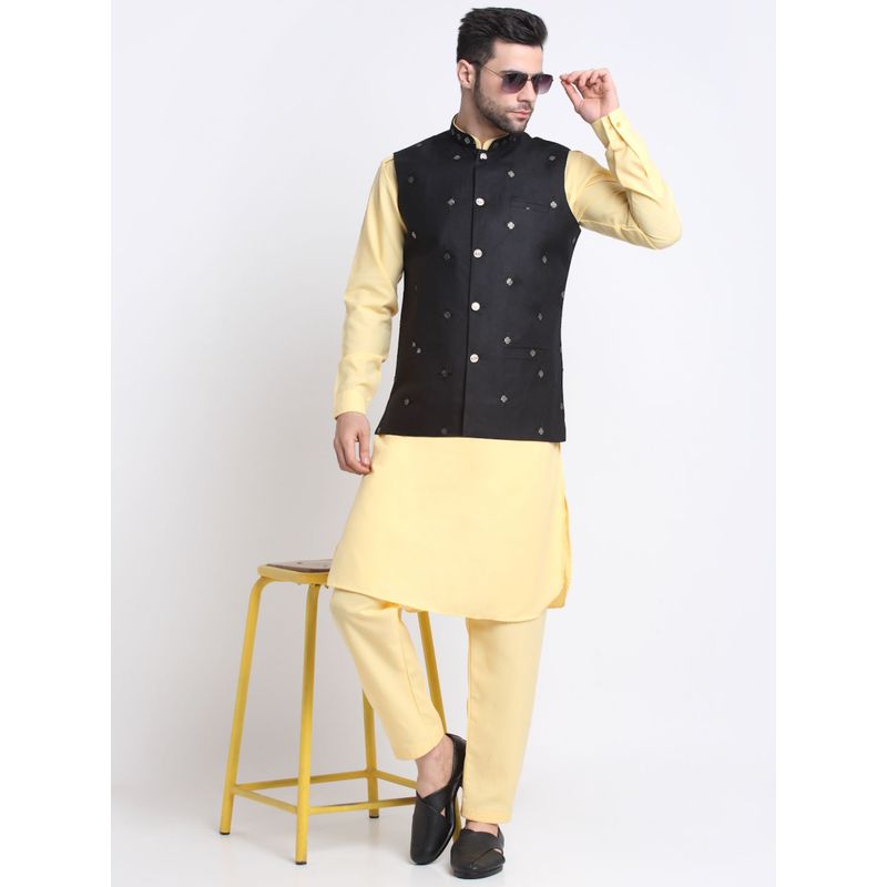 Kraft India Cotton Yellow Pathani Kurta Salwar with Black Embroidered Nehru Jacket (Set of 3) (38)