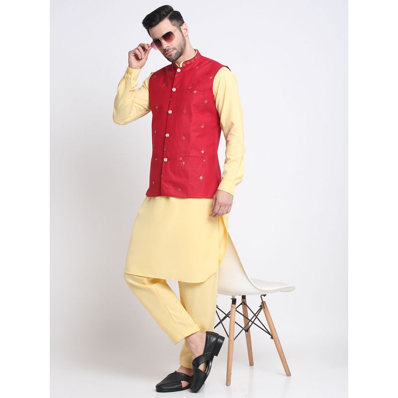 Kraft India Men Cotton Yellow Pathani Kurta Salwar with Red Embroidered Nehru Jacket (Set of 3) (36)