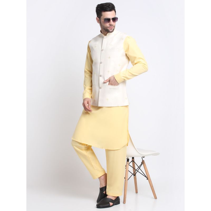 Kraft India Cotton Yellow Pathani Kurta Salwar with White Embroidered Nehru Jacket (Set of 3) (36)