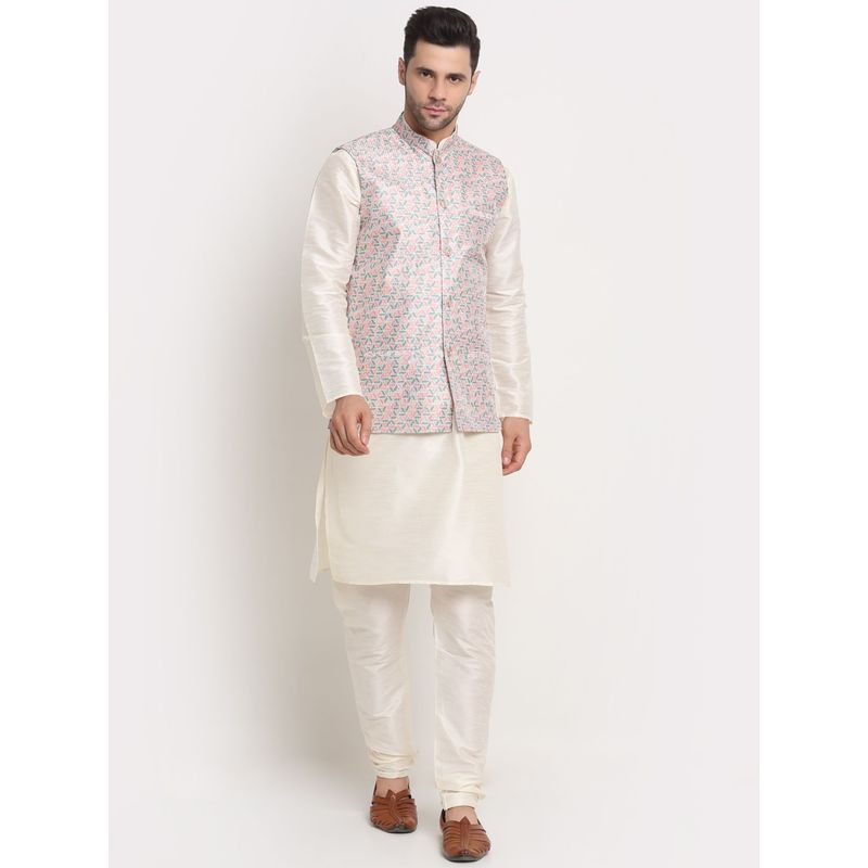 Kraft India Men Cream Kurta & Churidar with Thread Work Yellow Nehru Jacket (Set of 3) (38)