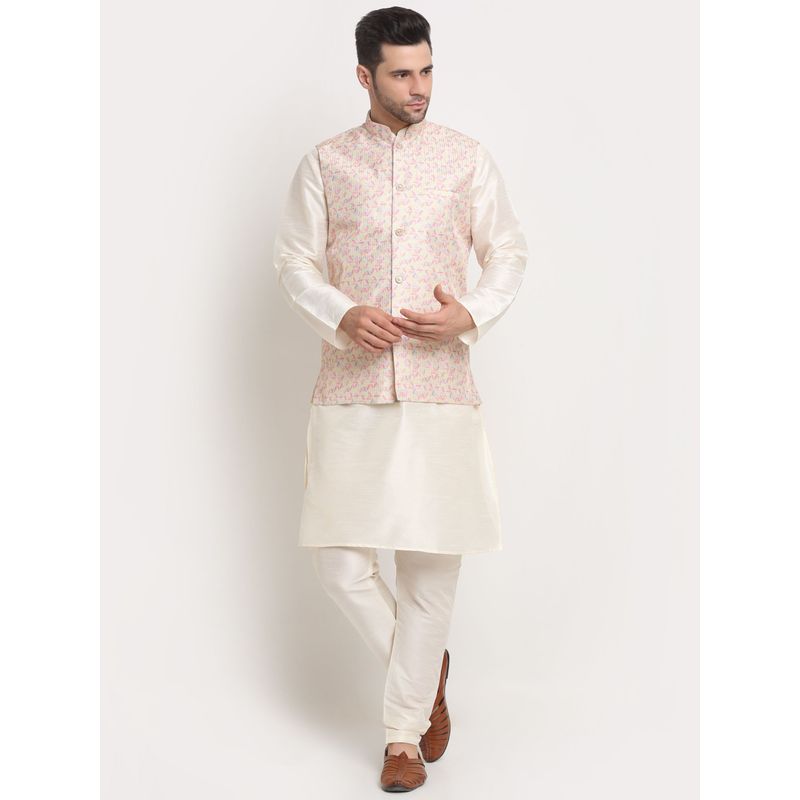 Kraft India Men Cream Kurta & Churidar with Thread Work Yellow Nehru Jacket (Set of 3) (40)