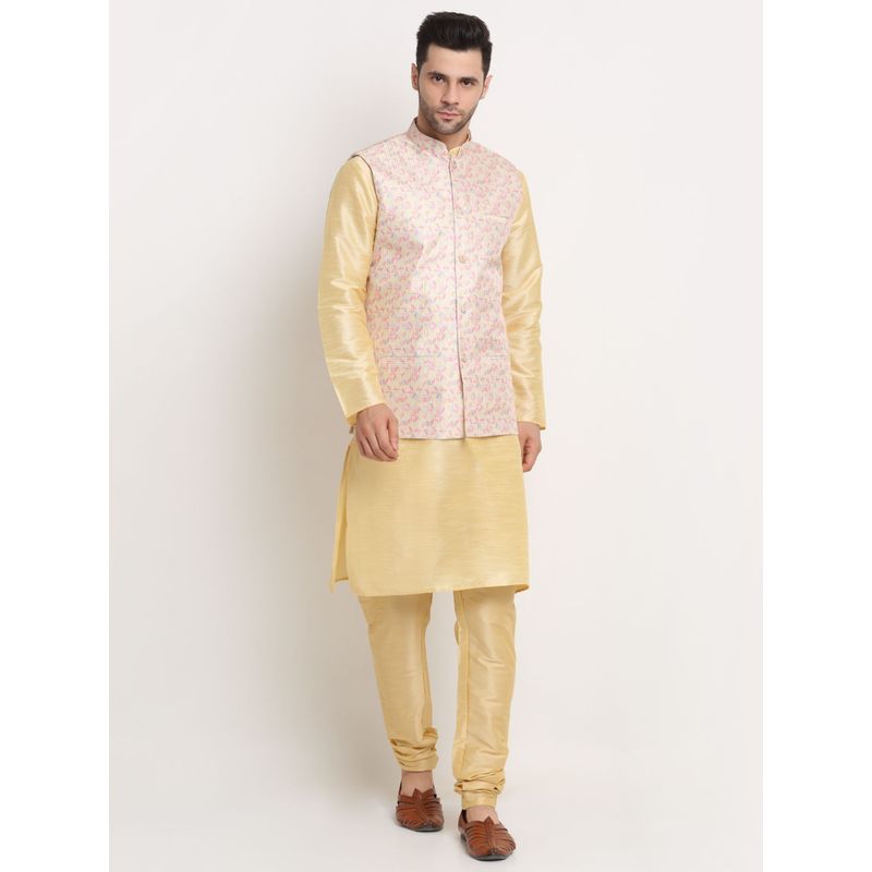 Kraft India Men Beige Kurta & Churidar with Thread Work Yellow Nehru Jacket (Set of 3) (36)