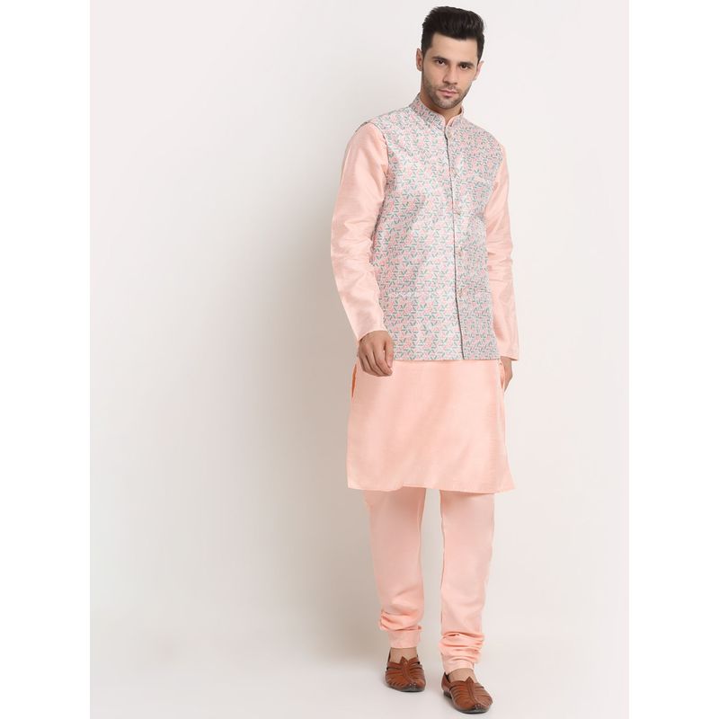 Kraft India Men Peach Kurta & Churidar with Thread Work Green Nehru Jacket (Set of 3) (36)