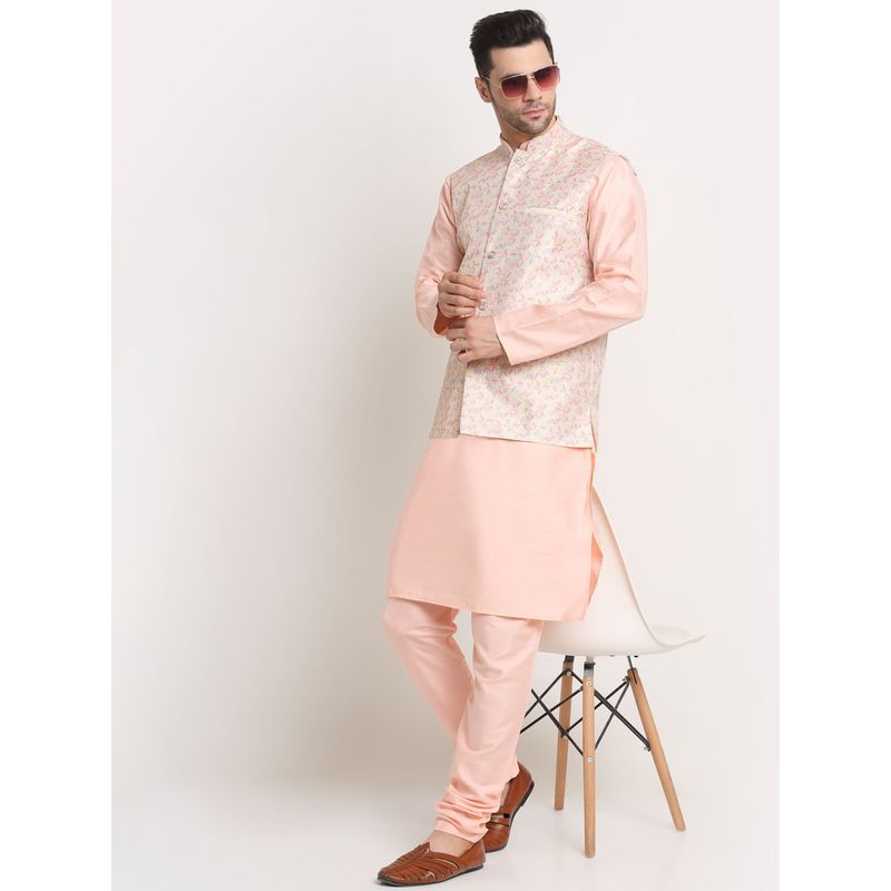 Kraft India Men Peach Kurta & Churidar with Thread Work Yellow Nehru Jacket (Set of 3) (40)
