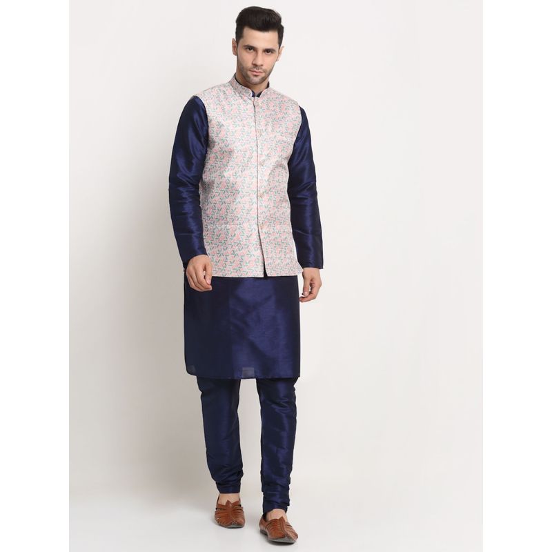 Kraft India Men Navy Blue Kurta & Churidar with Thread Work Green Nehru Jacket (Set of 3) (36)