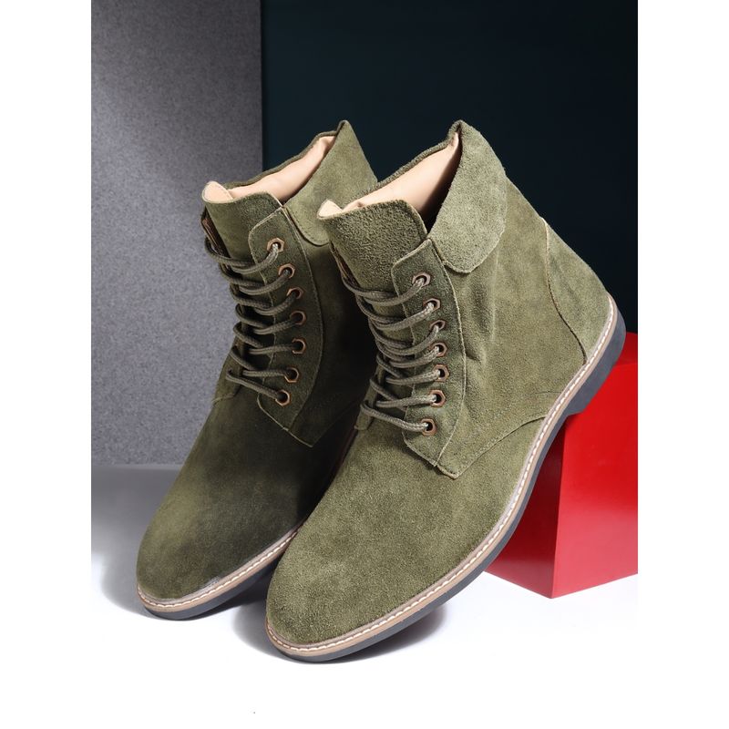 Teakwood Olive Solid Round Toe Suede Flat Lace-Up Boot (EURO 40)