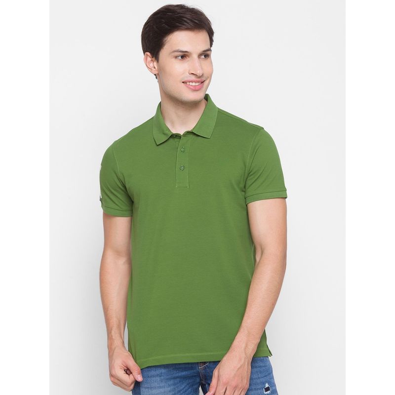 Spykar Green Cotton Men Polo T-Shirt (S)