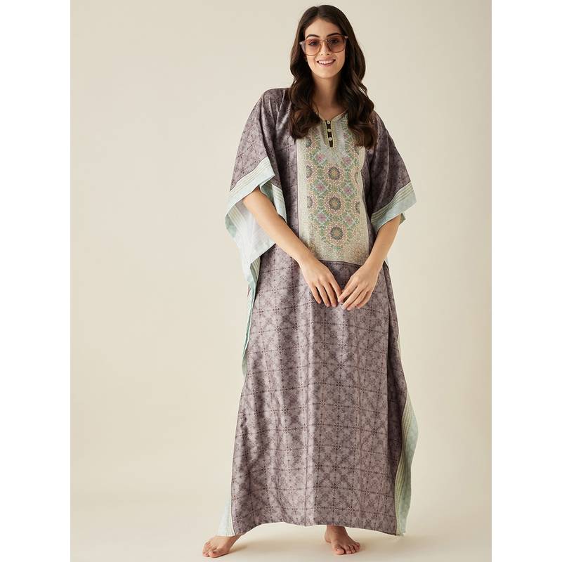 The Kaftan Company Brown Ethnic Motif Printed Satin Kaftan (L)