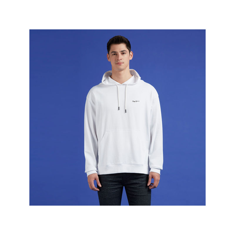 Pepe Jeans White Typography Full Sleeve Oversized Hoodie (M)