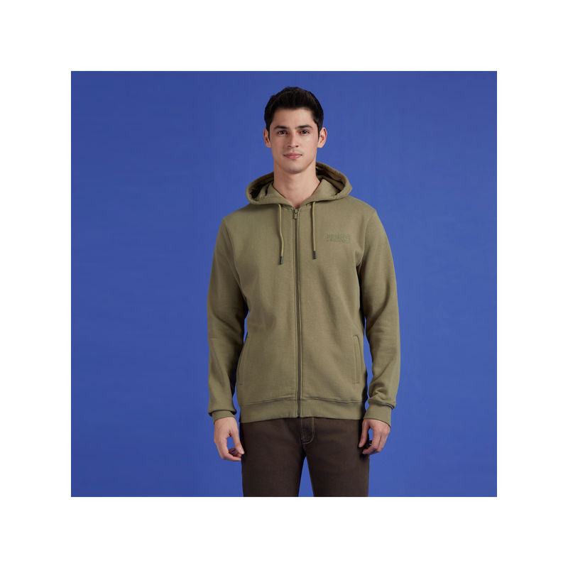 Pepe Jeans Olive Full Sleeve Hooded Zipper Hoodie (L)