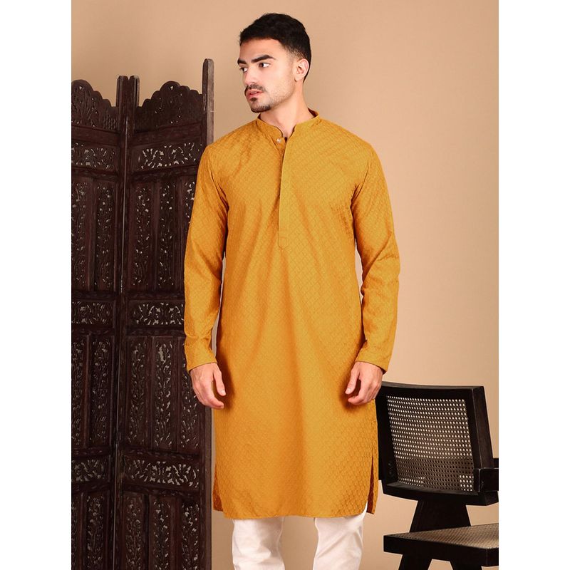 Sanwara Men Embroidered Chikankari Mustard Elegant Handcrafted Kurta (S)