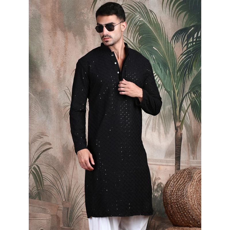 Sanwara Men Chikankari Black Elegant Sequins Work Kurta (XL)