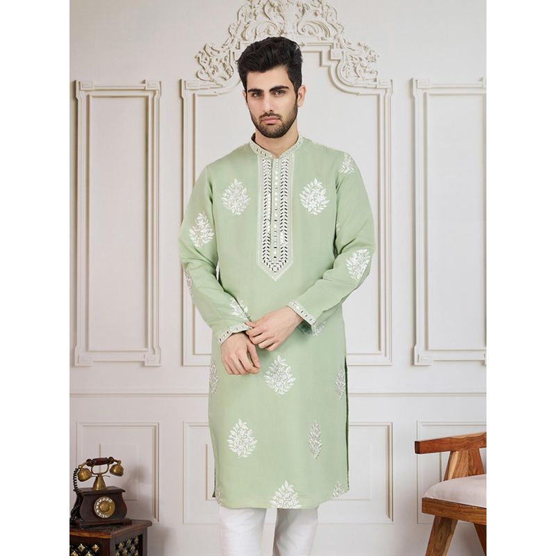 Sanwara Unleash Your Style with Men's Parrot Green Embroidered Work Designer Kurta (S)