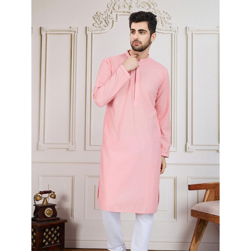 Sanwara Unleash Your Style with Men's Pink Solid Chikankari Kurta (S)
