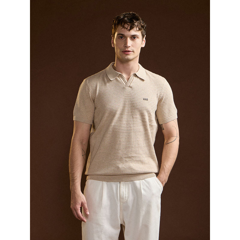 THE BEAR HOUSE Men Beige Textured Polo T-Shirt (2XL)