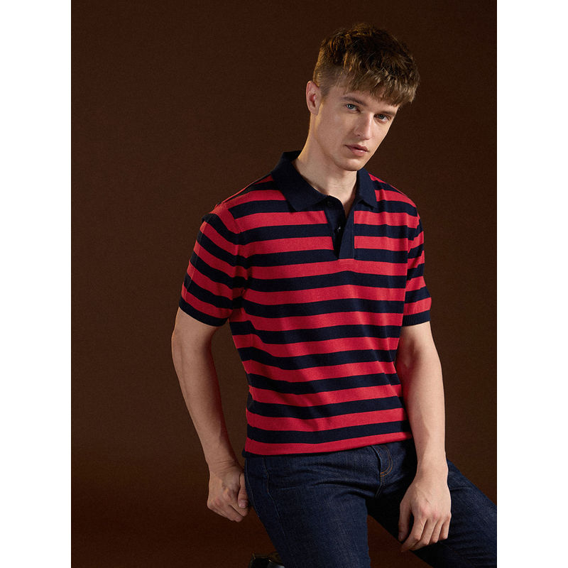 THE BEAR HOUSE Men Multi-Color Stripes Polo T-Shirt (L)