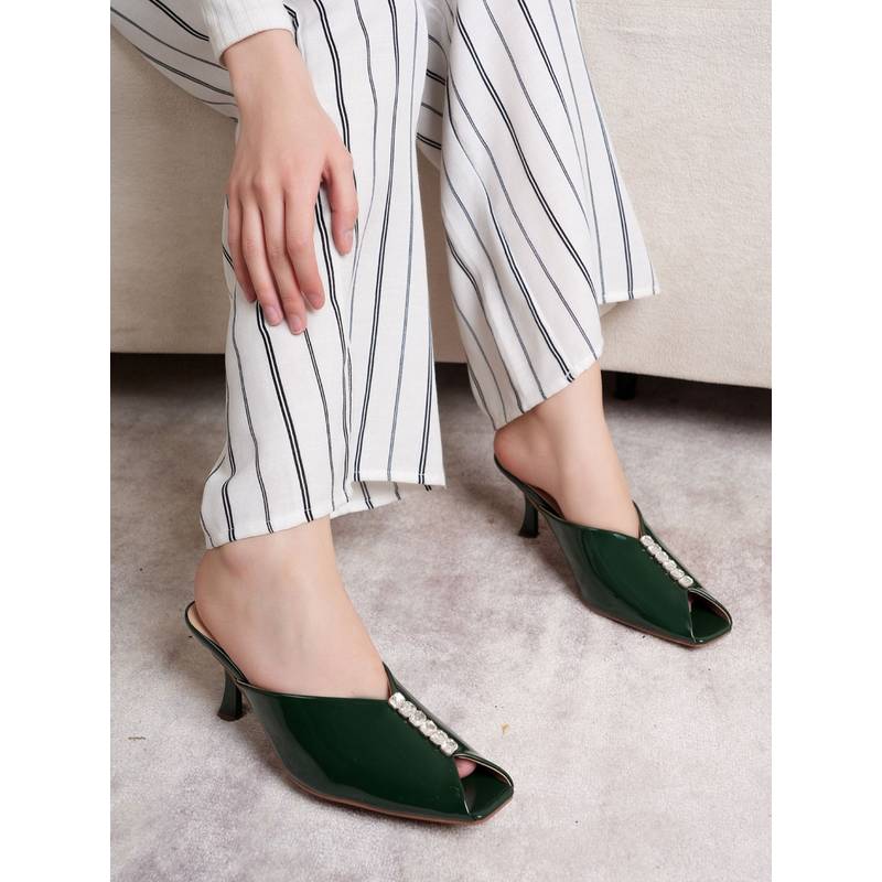 Drop Bold Green Embellished Square Toe Sandal Heels For Women (EURO 36)